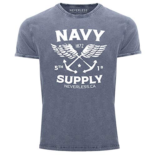 Neverless® Herren T-Shirt Vintage Shirt Printshirt Anker Navy Supply Used Look Slim Fit blau M von Neverless