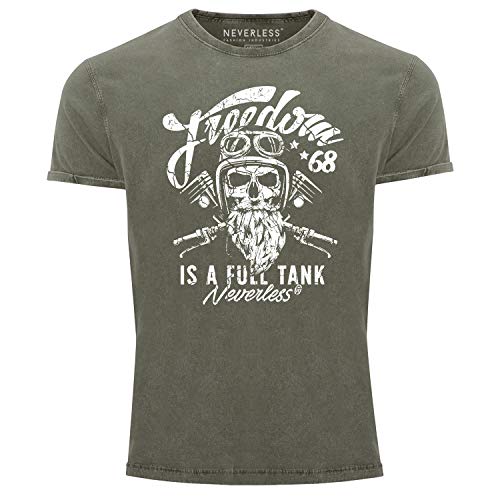 Neverless® Herren T-Shirt Vintage Shirt Printshirt Biker Spruch Motiv Totenkopf Used Look Slim Fit Oliv XXL von Neverless