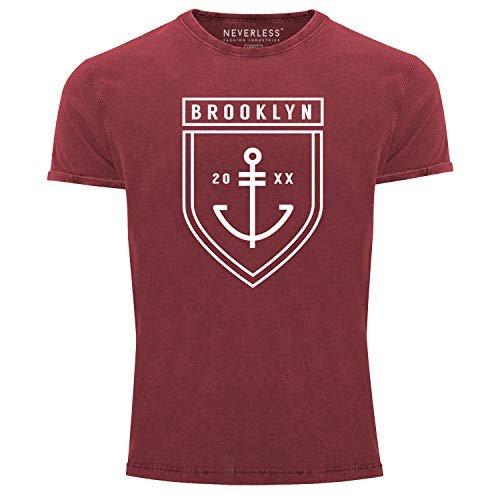 Neverless® Herren T-Shirt Vintage Shirt Printshirt Brooklyn Anker Used Look Slim Fit rot XL von Neverless