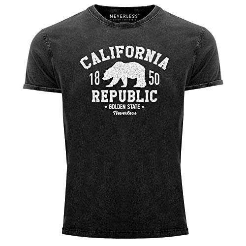 Neverless® Herren T-Shirt Vintage Shirt Printshirt California Republic Kalifornien Golden State Grizzly Bär Bear Logo Used Look Slim Fit schwarz L von Neverless