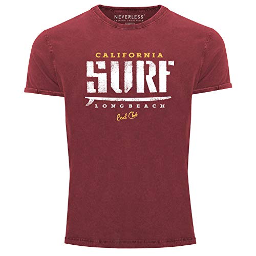 Neverless® Herren T-Shirt Vintage Shirt Printshirt California Surf Used Look Slim Fit rot XXL von Neverless