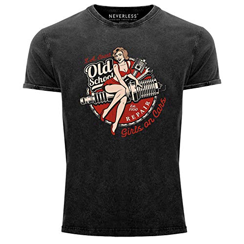 Neverless® Herren T-Shirt Vintage Shirt Printshirt Girls on Cars Retro Vintage Print Pin up Girl Logo Aufdruck Used Look Slim Fit schwarz M von Neverless