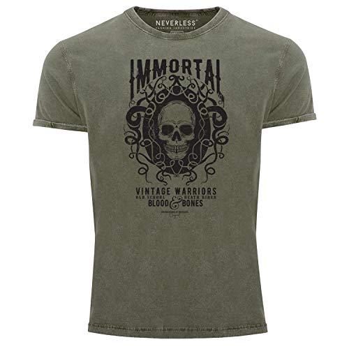 Neverless® Herren T-Shirt Vintage Shirt Printshirt Immortal Skull Vintage Warriors Totenkopf Aufdruck Used Look Slim Fit Oliv M von Neverless