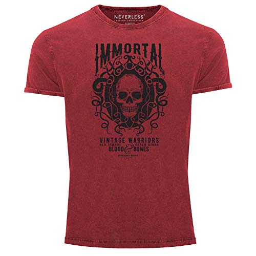 Neverless® Herren T-Shirt Vintage Shirt Printshirt Immortal Skull Vintage Warriors Totenkopf Aufdruck Used Look Slim Fit rot L von Neverless