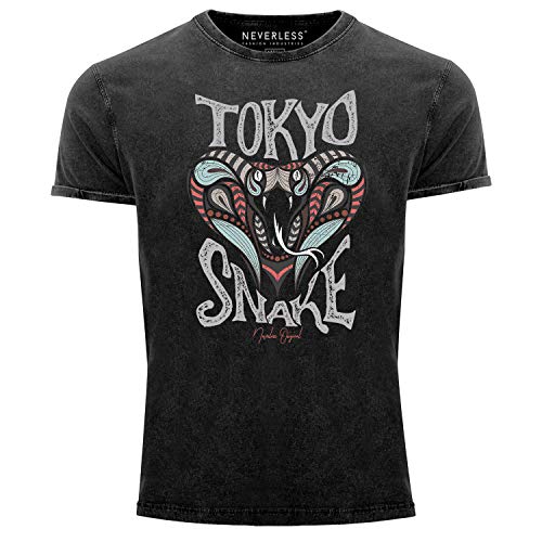 Neverless® Herren T-Shirt Vintage Shirt Printshirt Japan Kobra Aufdruck Tokyo Snake Schriftzug Vintage Print Aufdruck Used Look Slim Fit schwarz XL von Neverless