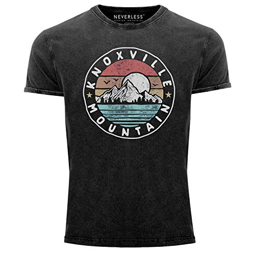 Neverless® Herren T-Shirt Vintage Shirt Printshirt Knoxville Mountain Logo Adventure Vintage Emblem Berge Used Look Slim Fit schwarz M von Neverless