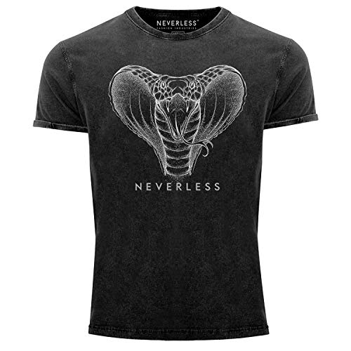 Neverless® Herren T-Shirt Vintage Shirt Printshirt Kobra Print Grafikstil Designshirt Fashion Streetstyle Aufdruck Used Look Slim Fit schwarz L von Neverless