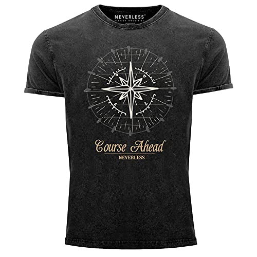 Neverless® Herren T-Shirt Vintage Shirt Printshirt Kompass Windrose Used Look Slim Fit schwarz L von Neverless