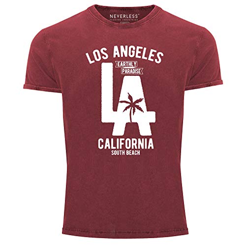 Neverless® Herren T-Shirt Vintage Shirt Printshirt LA Los Angeles California Used Look Slim Fit rot M von Neverless