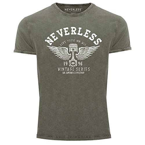 Neverless® Herren T-Shirt Vintage Shirt Printshirt Retro Auto Kolben Used Look Slim Fit Oliv XL von Neverless