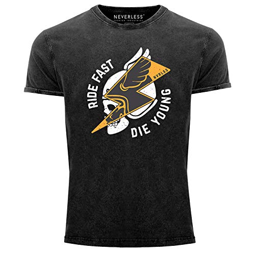Neverless® Herren T-Shirt Vintage Shirt Printshirt Rocker Biker Spruch Motiv Ride Fast die Young Flash Blitz Totenkopf Skull Helm Used Look Slim Fit schwarz XL von Neverless