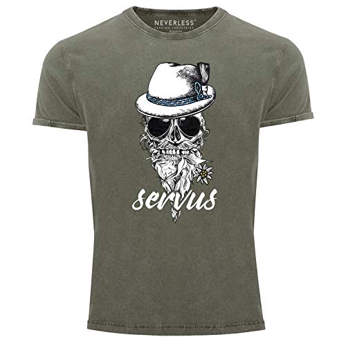 Neverless® Herren T-Shirt Vintage Shirt Printshirt Servus Skull Totenkopf Used Look Slim Fit Oliv M von Neverless