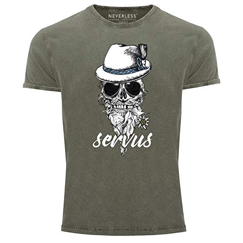 Neverless® Herren T-Shirt Vintage Shirt Printshirt Servus Skull Totenkopf Used Look Slim Fit Oliv S von Neverless