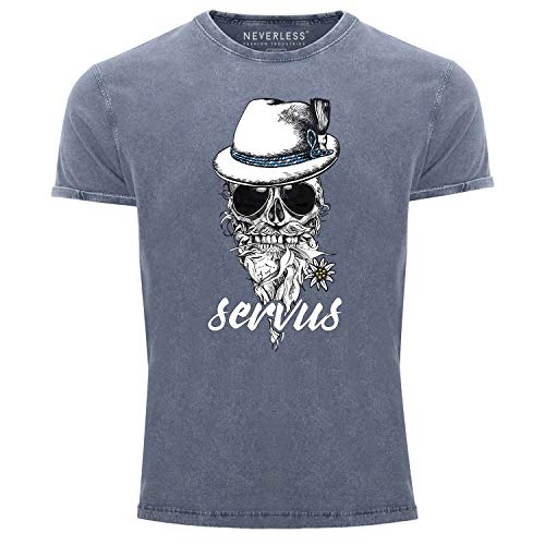 Neverless® Herren T-Shirt Vintage Shirt Printshirt Servus Skull Totenkopf Used Look Slim Fit blau L von Neverless