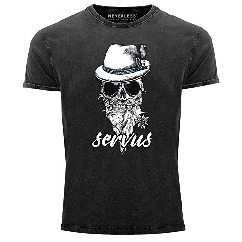 Neverless® Herren T-Shirt Vintage Shirt Printshirt Servus Skull Totenkopf Used Look Slim Fit schwarz M von Neverless