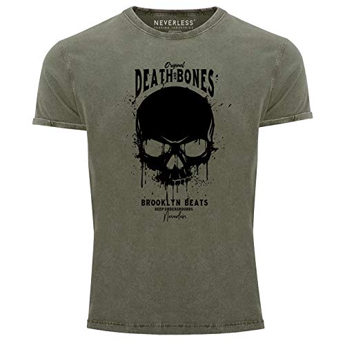 Neverless® Herren T-Shirt Vintage Shirt Printshirt Skull Death and Bones Totenkopf Club Outfit Used Look Slim Fit Oliv XL von Neverless