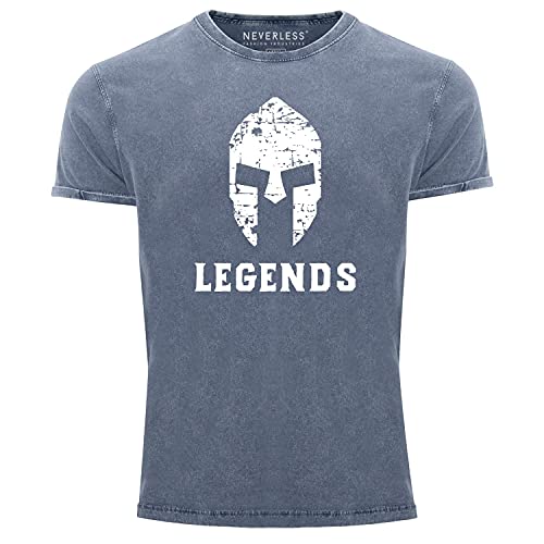 Neverless® Herren T-Shirt Vintage Shirt Printshirt Sparta Legends Used Look Slim Fit blau L von Neverless