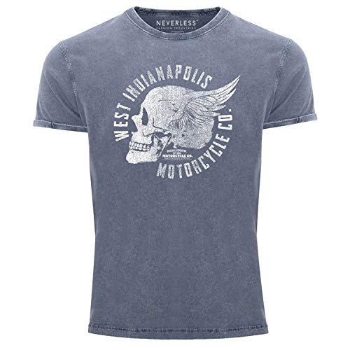 Neverless® Herren T-Shirt Vintage Shirt Printshirt Totenkopf Skull Wings Used Look Slim Fit blau XXL von Neverless