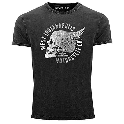Neverless® Herren T-Shirt Vintage Shirt Printshirt Totenkopf Skull Wings Used Look Slim Fit schwarz XL von Neverless