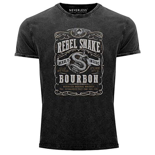 Neverless® Herren T-Shirt Vintage Shirt Printshirt Whiskey Emblem Rebel Snake Bourbon Retro Style Fashion Streetstyle Aufdruck Used Look Slim Fit schwarz M von Neverless