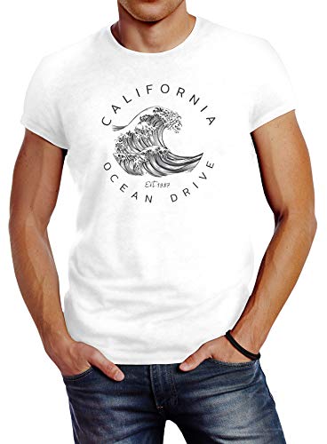 Neverless® Herren T-Shirt Welle Wave California Ocean Drive Surf Summer Slim Fit weiß 4XL von Neverless