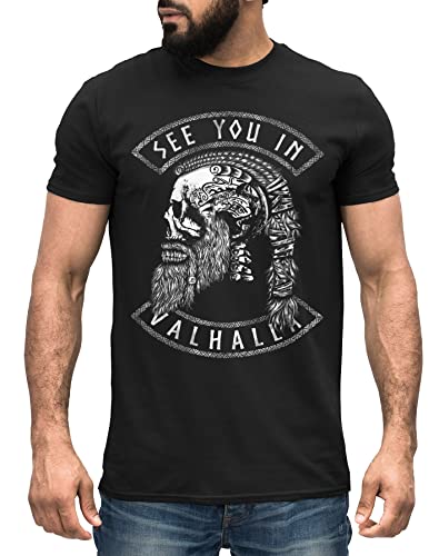 Neverless® Herren T-Shirt Wikinger Totenkpf Spruch See You in Valhalla Odin Ragnar nordische Mythologie schwarz XL von Neverless