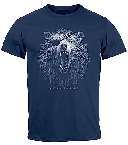 Neverless® Herren T-Shirt Wolf mit Augenklappe Wikinger Nordmänner Mythologie Runen Fabeltiere Navy L von Neverless