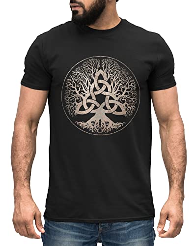 Neverless® Herren T-Shirt Yggdrasil Weltenbaum nordische Mythologie Asgard Götter Wikinger Kelten Germanen schwarz-Gold 3XL von Neverless