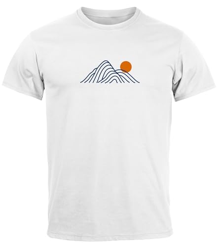 Neverless® Herren T-Shirt mit Berg Print Grafikshirt mit Sonne Linien-Design Baumwolle Outdoor Style Naturmotiv für Freizeit Urlaub Weiss M von Neverless