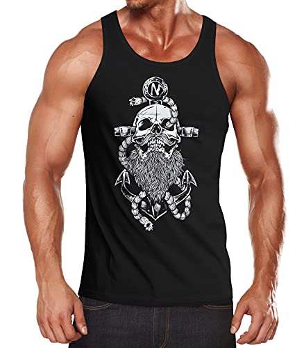 Neverless® Herren Tank-Top Anker Skull Beard Totenkopf mit Bart Tau Seemann Muskelshirt Muscle Shirt schwarz L von Neverless