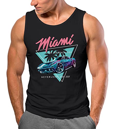 Neverless® Herren Tank-Top Bedruckt Miami Beach Surfing Motiv USA Retro Automobil 80er Muskelshirt Muscle Shirt schwarz XL von Neverless