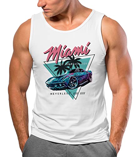 Neverless® Herren Tank-Top Bedruckt Miami Beach Surfing Motiv USA Retro Automobil 80er Muskelshirt Muscle Shirt weiß XL von Neverless