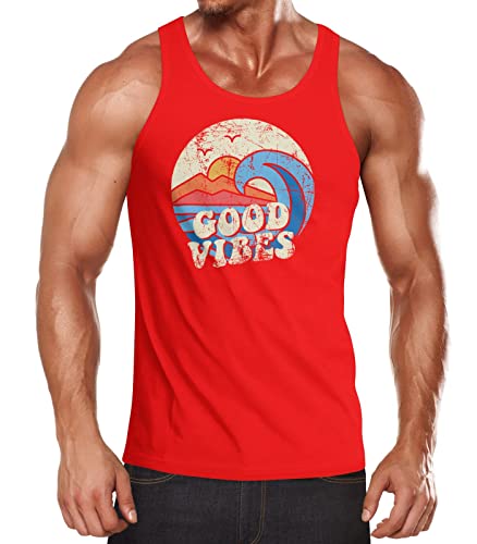 Neverless® Herren Tank-Top Good Vibes Welle Hippie Slogan Statement Surf Design Vintage Retro Muskelshirt Muscle Shirt rot XL von Neverless