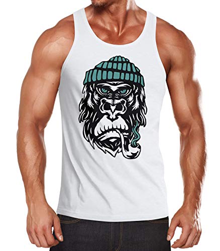 Neverless® Herren Tank-Top Gorilla AFFE Monkey Captain Sailor Seemann Muskelshirt Muscle Shirt weiß L von Neverless