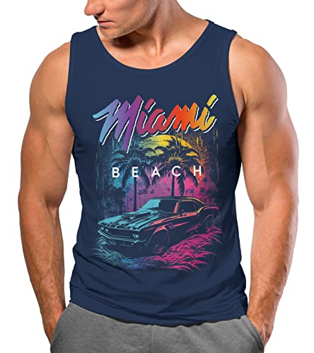 Neverless® Herren Tank-Top Miami Beach USA Oldtimer Car Palmen Print Fashion Streetstyle Muskelshirt Muscle Shirt Navy L von Neverless