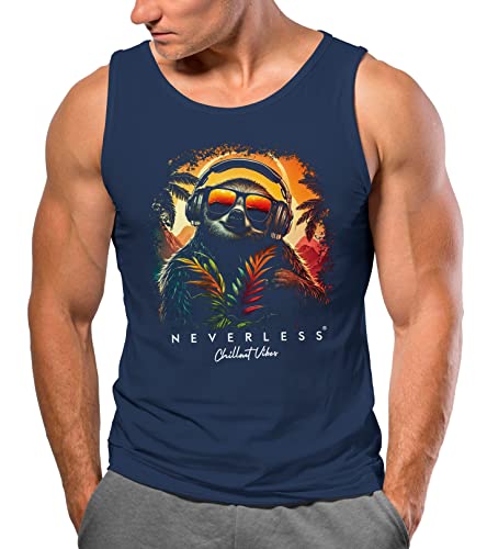 Neverless® Herren Tank-Top Musik DJ Chill Faultier Print Aufdruck Relax Sommer Muskelshirt Navy 3XL von Neverless