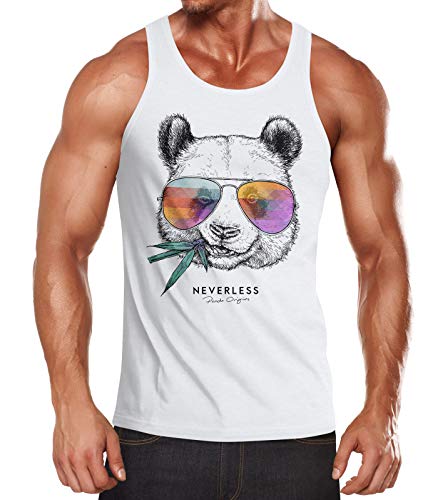 Neverless® Herren Tank-Top Panda Bär Aufdruck Tiermotiv mit Sonnenbrille Fashion Streetstyle Muskelshirt Muscle Shirt weiß L von Neverless