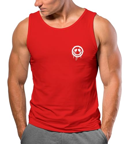 Neverless® Herren Tank-Top Print Aufdruck Motiv Drip Face Drippy Smile Herz-Augen Lächeln Graffiti Fashion Streetstyle Muskelshirt rot L von Neverless