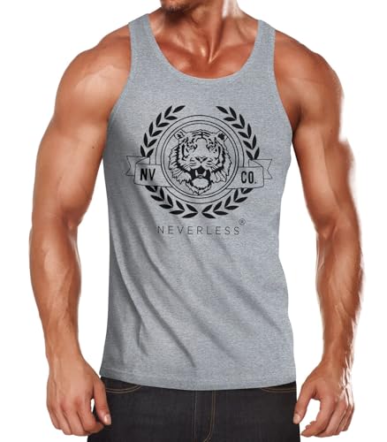 Neverless® Herren Tank-Top Schriftzug Oldschool Print Tiger Bedruck Muskelshirt Muscle Shirt Grau-schwarz L von Neverless
