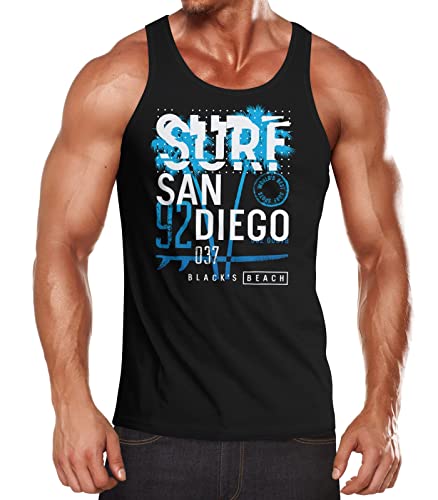 Neverless® Herren Tank-Top Surf Design San Diego Palmen Beach Strand Sommer Palmen Muskelshirt Muscle Shirt schwarz/blau L von Neverless