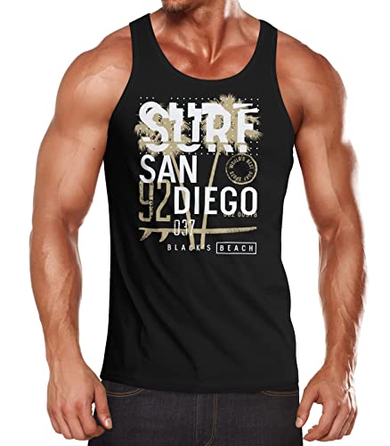 Neverless® Herren Tank-Top Surf Design San Diego Palmen Beach Strand Sommer Palmen Muskelshirt Muscle Shirt schwarz-beige L von Neverless