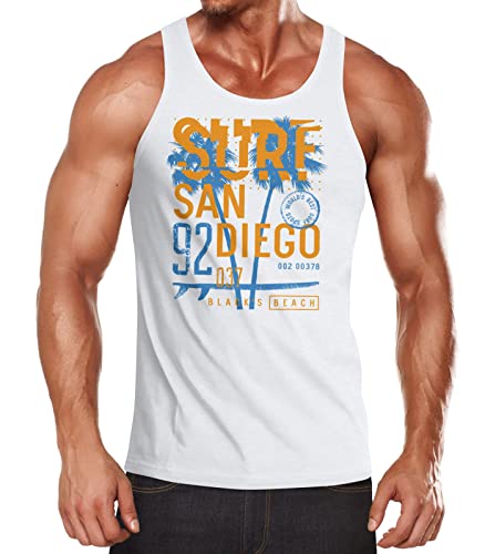 Neverless® Herren Tank-Top Surf Design San Diego Palmen Beach Strand Sommer Palmen Muskelshirt Muscle Shirt weiß M von Neverless