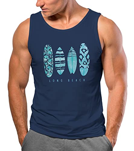 Neverless® Herren Tank-Top Surfing Fashion Aufdruck Long Beach Surfboard Sommer Strand Streetstyle Muskelshirt Navy-türkis L von Neverless