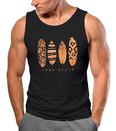 Neverless® Herren Tank-Top Surfing Fashion Aufdruck Long Beach Surfboard Sommer Strand Streetstyle Muskelshirt schwarz-gelb 3XL von Neverless