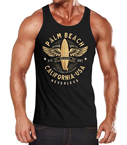 Neverless® Herren Tank-Top Surfing Motiv Vintage Effekt Palm Beach California USA Schriftzug Fashion Streetstyle Muskelshirt Muscle Shirt schwarz XL von Neverless