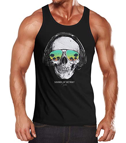 Neverless® Herren Tank-Top Totenkopf Kopfhörer Musik Party Skull Sonnenbrille Schädel Muskelshirt Muscle Shirt schwarz S von Neverless