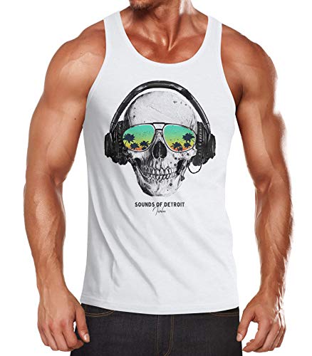 Neverless® Herren Tank-Top Totenkopf Kopfhörer Musik Party Skull Sonnenbrille Schädel Muskelshirt Muscle Shirt weiß L von Neverless