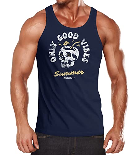 Neverless® Herren Tank-Top Totenkopf Schrift Only Good Vibes Skull Summer Sommer Retro Vintage Muskelshirt Muscle Shirt Navy-gelb L von Neverless