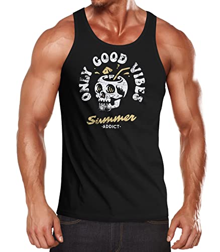 Neverless® Herren Tank-Top Totenkopf Schrift Only Good Vibes Skull Summer Sommer Retro Vintage Muskelshirt Muscle Shirt schwarz-gelb 3XL von Neverless