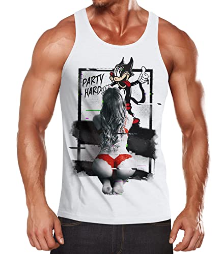 Neverless® Herren Tanktop Party Hard Comic Katze Spruch lustig Humor Fun Shirt Muscle Shirt Achselshirt weiß S von Neverless